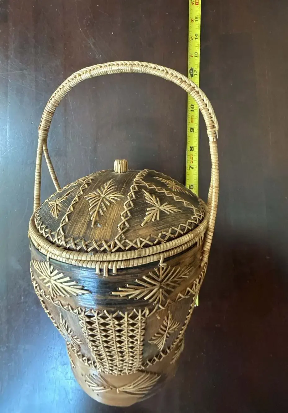 Vintage Decorative Asian Woven Bamboo Rice Basket with Lid and Handle